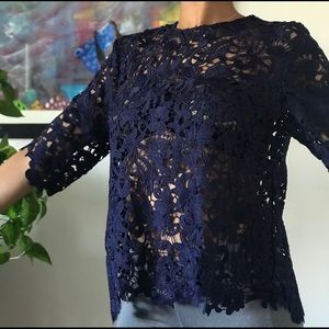 Zara Navy Lace Sheer Top